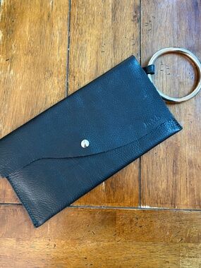 Liv & B: Black Leather Long Wallet with Silver Loop handle. Made in U. S.